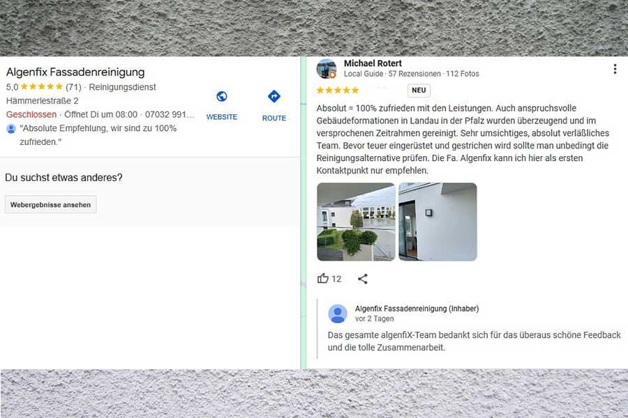 Google Rezension algenfiX Fassadenreinigung in Landau in der Pfalz Kundenstimme 2025